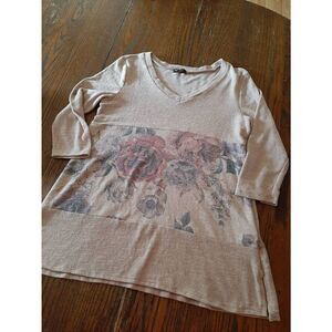 New Small Vision USA Lightweight 3/4 Sleeve V-Neck Floral Sweater Loose Fit